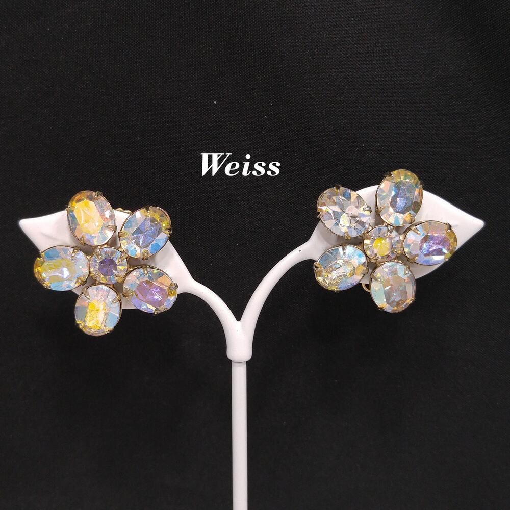 Weiss Aurora Borealis Clear Rhinestone Earrings, Flower Clip Earrings, 1950s